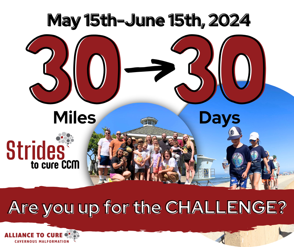 Text on pictures says 30 miles in 30 days. Are you up for the challenge? Photos are of people participating in past Strides To Cure events.