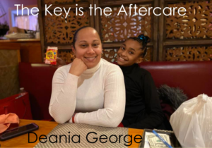 The Key is the Aftercare, Deania George. Photo of a woman wearing a cream turtleneck and a girl wearing a black turtleneck sitting in a booth at a restaurant. Both are smiling.