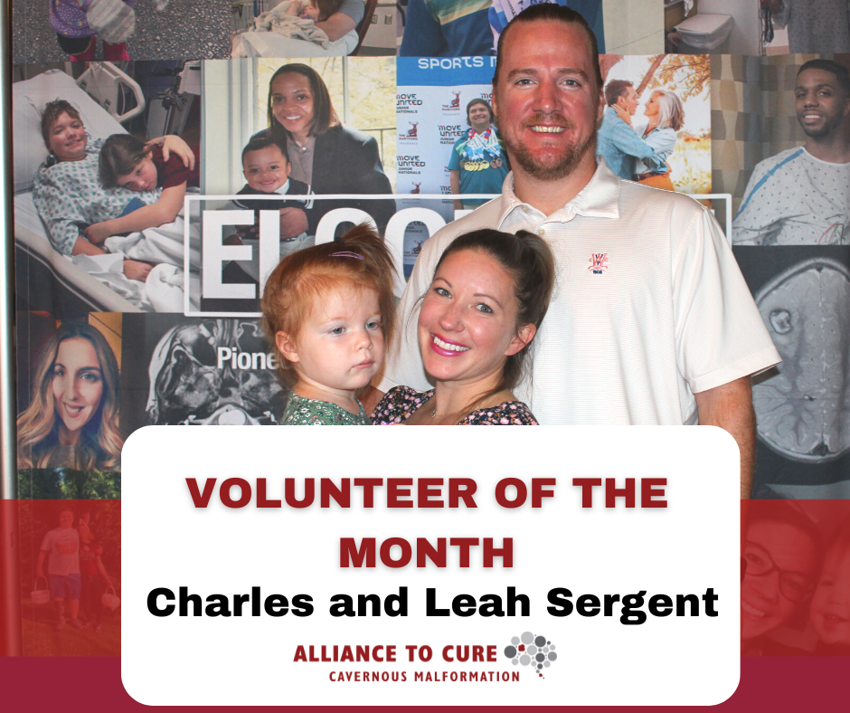 Volunteer of the month, Charles and Leah Sergent. Photo of a family with a tall man with short dark hair, a woman with a pony-tail and a young girl with red hair in a ponytail.