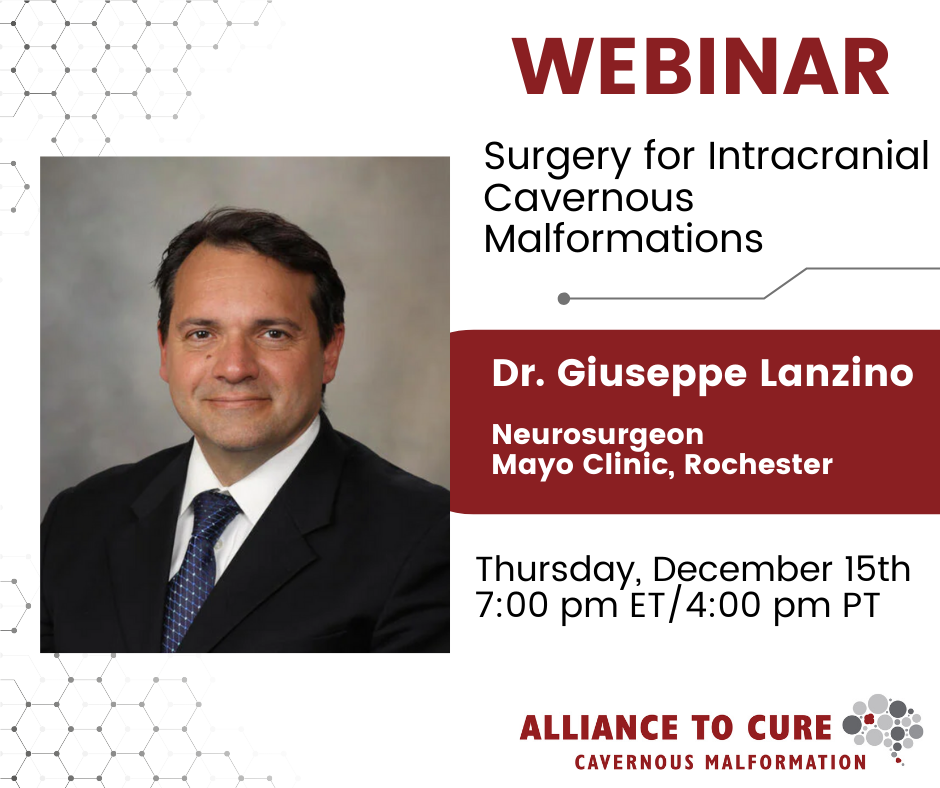 Webinar, photo of Dr. Giuseppe Lanzino, clean shaven, short dark hair, wearing white dress shirt, black jacket and navy and white tie.