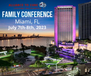 The InterContinental Hotel in Miami Florida at night with the text Alliance to Cure Cavernous Malformation Family Conference, Miami Florida, July 7th-8th, 2023.