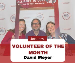 Photo of David Meyer, Lindsay Ramirez and Darla Clayton and the text "Volunteer of the Month"