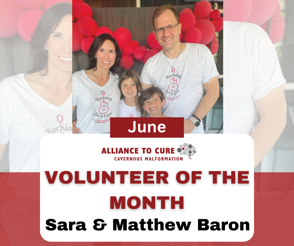 photo of Sara and Matthew Baron and their kids with the text Volunteer of the Month.