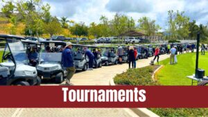 Golf carts lined up ready to take to the golf course. The picture is a link to our Tournaments webpage.