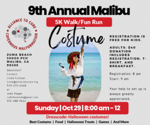 9th Annual Malibu Beach walk Flyer with a child dressed in a pirate costume on the beach