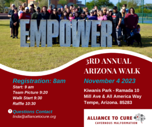 Group of people smiling behind a sign that says empower during the Arizona walk. Information about the walk is underneath.