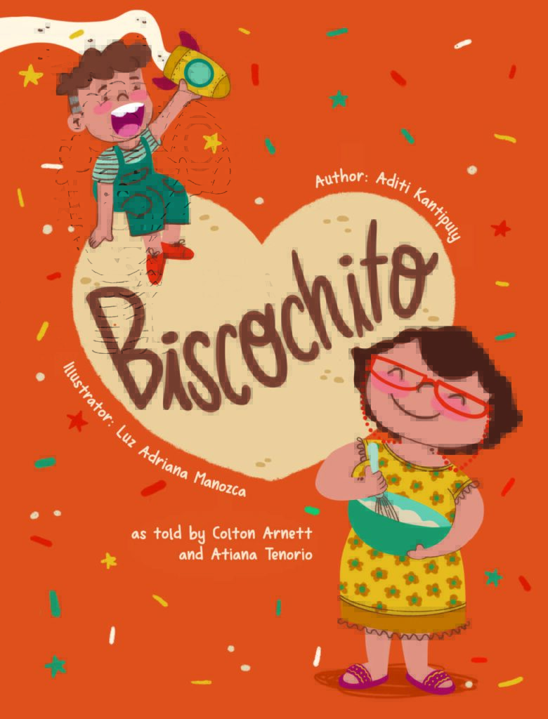 Cover of Bischochito book, orange cover with a heart drawn with the book name written in a heart. A drawing of Mateo and Nana, the characters from the story, are on the cover.