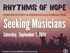 Faded red background with shadowlike people across the bottom with their hands up. The words Rhythms of Hope: Concerts for Cavernous Malformation, September 7th, 2024 are across the top.
