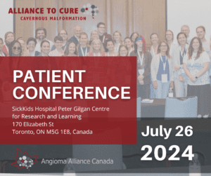 Patient conference, image, an image of a group of patients at a previous conference is behind the text. The text is repeated elsewhere. 