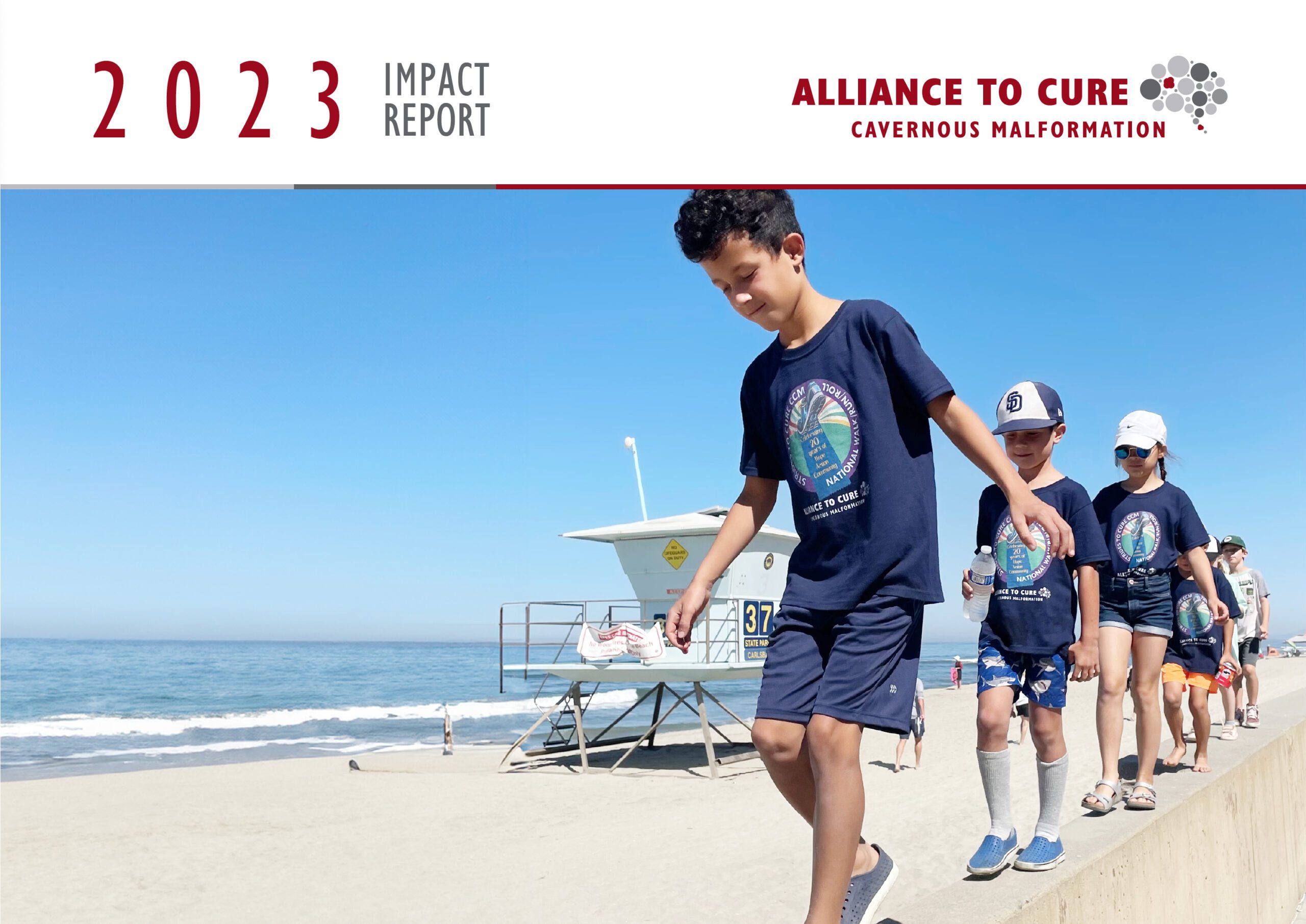 Children wearing shirts that say Alliance to Cure walk along the beach in front of a blue sky.