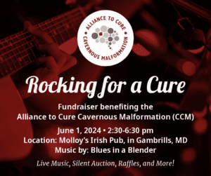 Red background with guitar player. Text states "Rocking for a Cure, Fundraiser benefiting Alliance to Cure Cavernous Malformation"