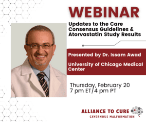 Picture of Dr. Issam Awad wearing glasses and a white jacket. Text says, "Updates to the Care Consensus Guidelines and Atorvastatin Study Results. Thursday, February 20, 2025 at 7 pm ET/4 pm PT