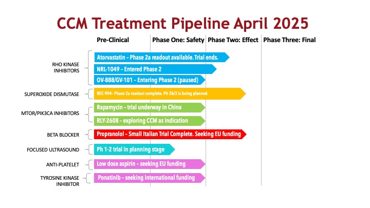 CCM Treatment Pipeline listing treatments under investigation and their status. 