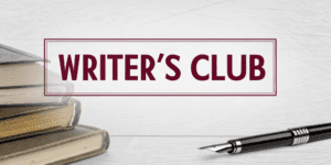 Writer's Club text with a pen and books