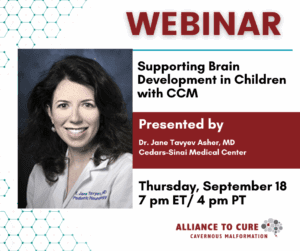Photo of a woman with dark wavy hair smiling and wearing a white medical jacket. Graphic is promoting an upcoming webinar on "Supporting Brain Development in Children with CCM".