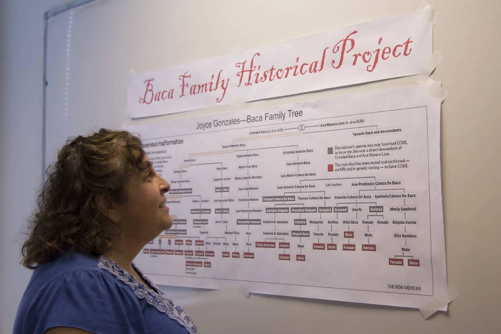 photo of a woman with dark hair looking at a genetic family history posted on a wall.