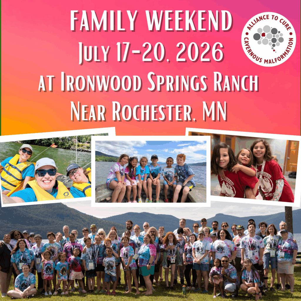 Text over image - photos of attendees from a previous event. Text - Family Weekend, July 17-20, 2026 at Ironwood Springs Ranch near Rochester MN.