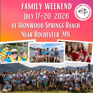 Text over image - photos of attendees from a previous event. Text - Family Weekend, July 17-20, 2026 at Ironwood Springs Ranch near Rochester MN.