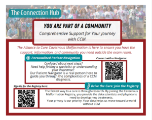 Alliance to Cure resource card: Comprehensive support for your CCM journey. Includes personalized patient navigation and patient registry sign-up, each with a QR code linking to alliancetocure.org