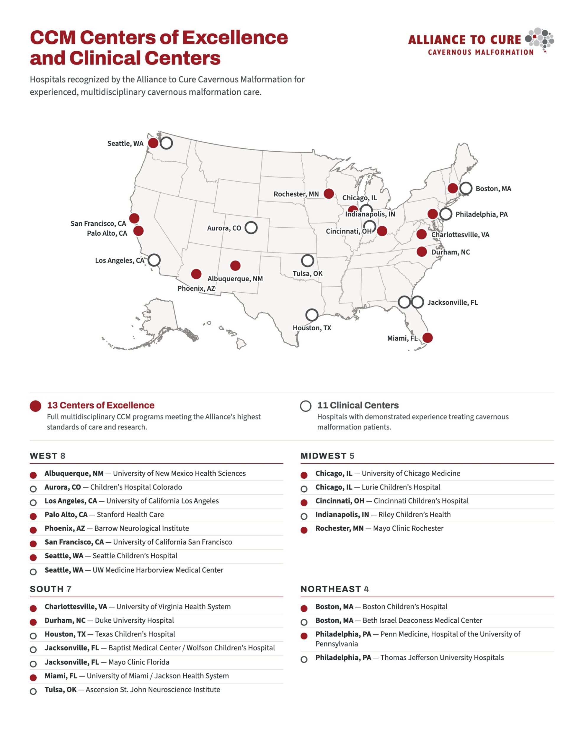 Map of United States with CCM Center Locations