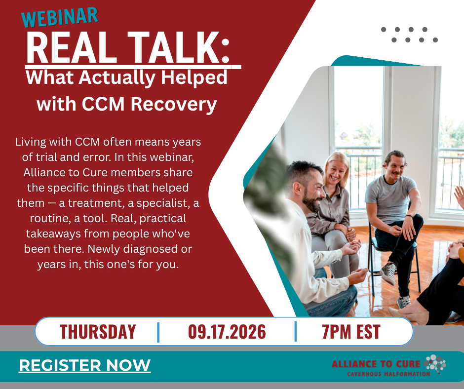 Webinar promo: 'Real Talk: What Actually Helped with CCM Recovery,' hosted by Alliance to Cure Cavernous Malformation, Thursday 09.17.2026 at 7pm EST. Photo of two women sitting together on outdoor stone steps, smiling and talking.